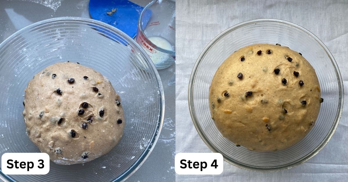 Fruit Hot Cross Bun dough in a glass bowl.