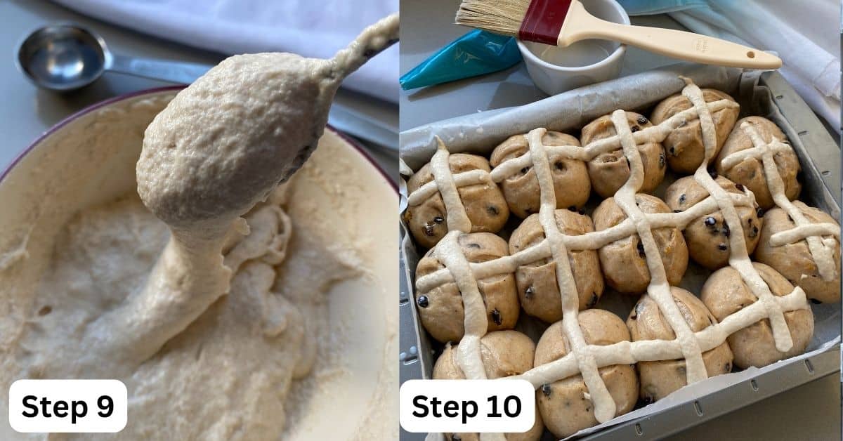 Piping the flour paste cross on hot cross buns.