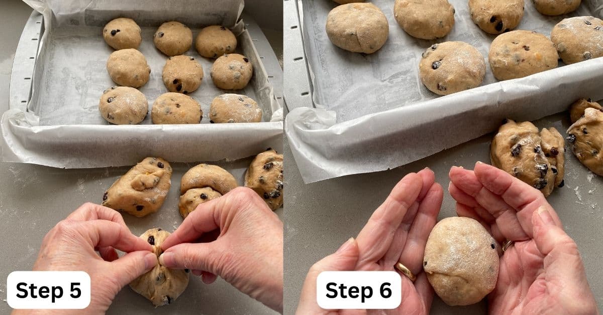 Rolling small balls of hot cross bun dough by hand.