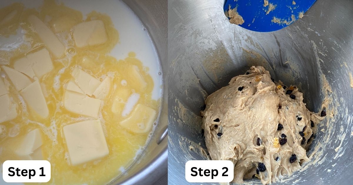 Milk and melted butter in a pan and fruit hot cross bun dough in a mixing bowl.