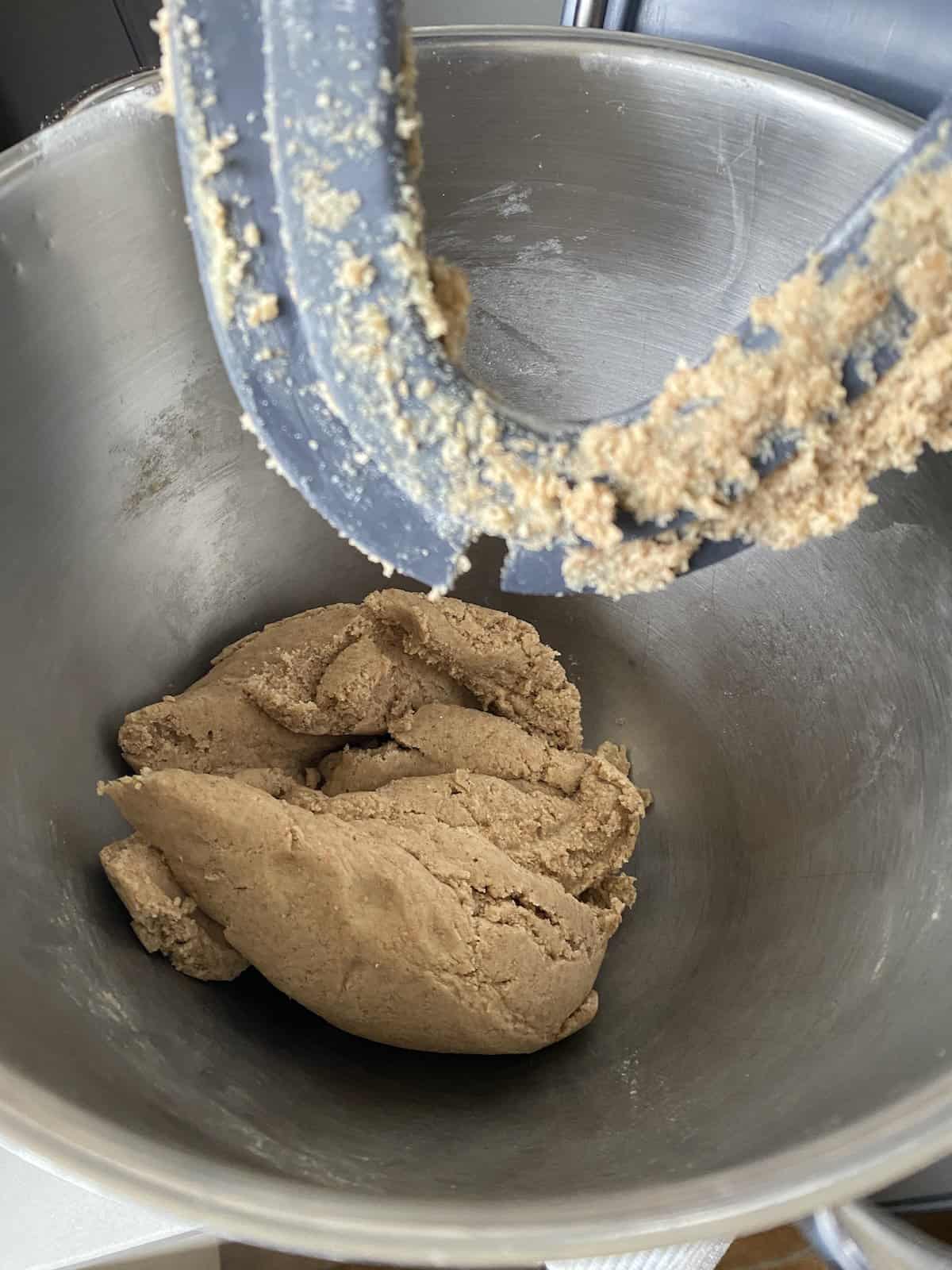 Wholemeal Shortbread dough in a mixing bowl.